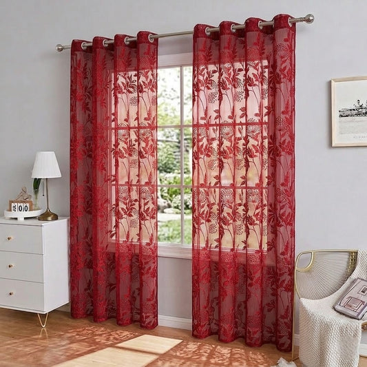 RYKA Cotton Net Sheer Door Curtain | Lilly Patten Printed | Sunlight Filtering Linen Texture | Eyelet Hanging (7FT) | Lilly Maroon (Pack of 1)