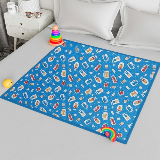 RYKA Printed Waterproof Baby Crib Bedsheet | PVC Urine Proof Mattress Protector | Plastic Sheet for Newborn & Toddler | Blue Kitty (Pack of 1)