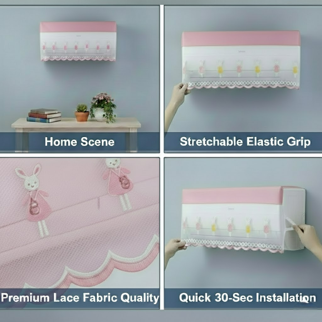 RYKA Premium Work Indoor AC Dust Protection Cover | Designer Summer Ac Cover | 1.5 Ton Pink Bunny (29 x 15.5 x 7.5 inches)