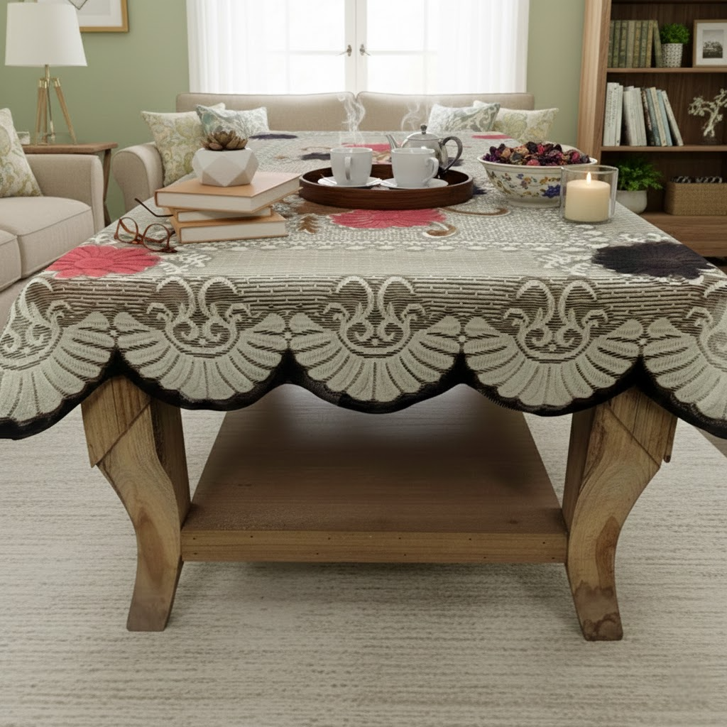 RYKA Cotton Net Table Cover 40x60 Inch 4 Seater | Embroidered Center & Dining Table Cloth (Pack Of 1)
