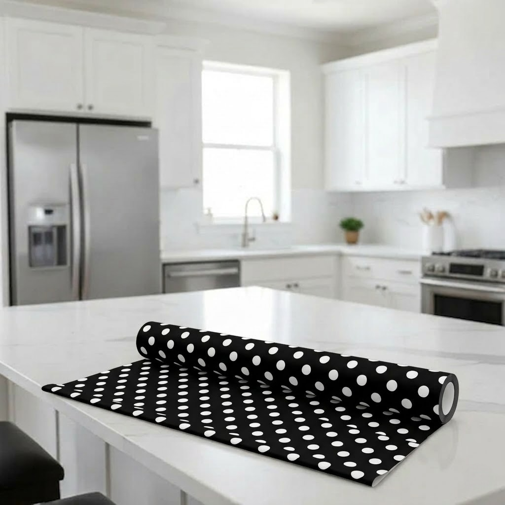 RYKA Shelf Mat | Polka Printed Desk Mat | Placemat for Kitchen | PVC Non-Slip Drawer Sheets| Kitchen Cabinet Shelf Liner | 5 Meter (Black)