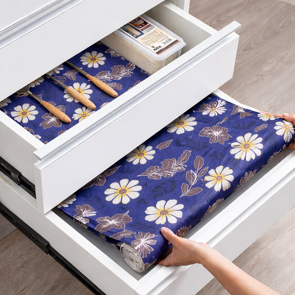RYKA Shelf Mat | floral Printed Desk Mat | Placemat for Kitchen | PVC Non-Slip Drawer Sheets| Kitchen Cabinet Shelf Liner | 5 Meter (Blue)