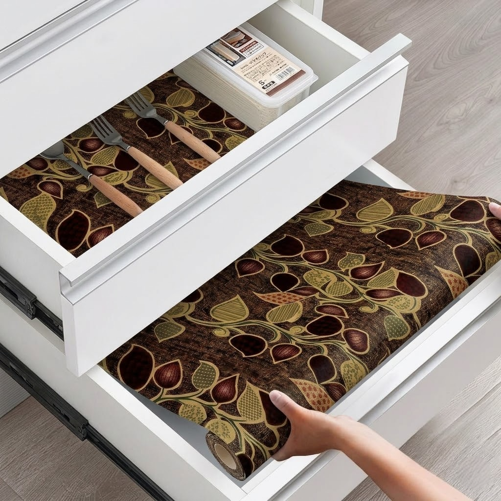 RYKA Shelf Mat | Leaf Printed Desk Mat | Placemat for Kitchen | PVC Non-Slip Drawer Sheets| Kitchen Cabinet Shelf Liner | 5 Meter (Brown)