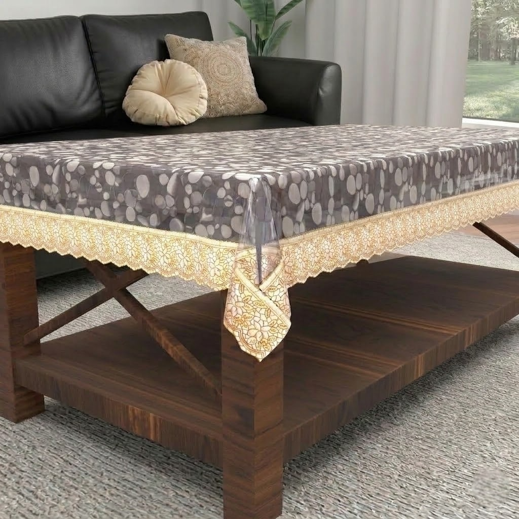 RYKA PVC Transparent Table Cover 4 Seater | Table Protector Sheet | Waterproof and Dustproof | Diamond Gold Lace Transparent Table Cloth | Rectangular Center Table Cover | 40X60 Inch (Pack Of 1)