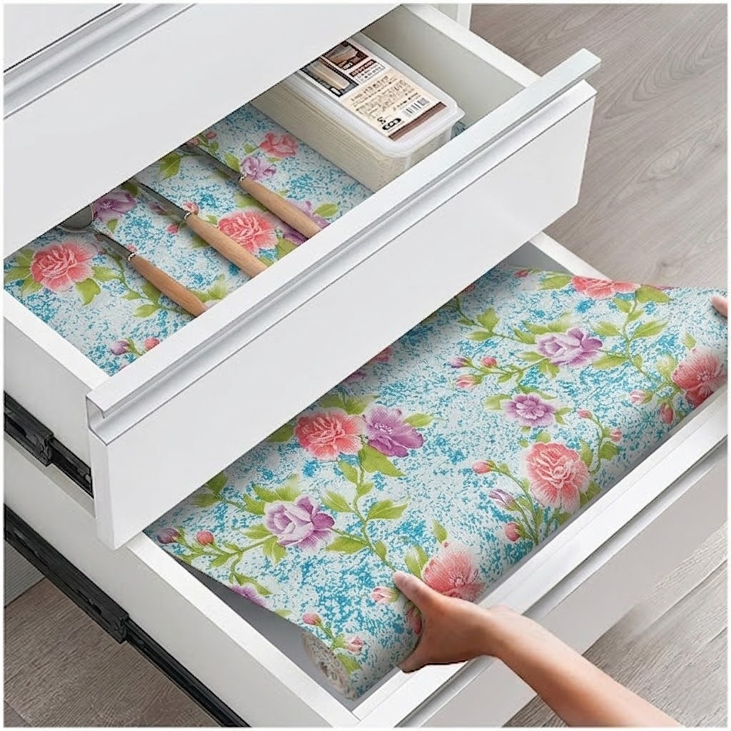RYKA Shelf Mat | Rose Printed Desk Mat | Placemat for Kitchen | PVC Non-Slip Drawer Sheets| Kitchen Cabinet Shelf Liner | 5 Meter (Rose)