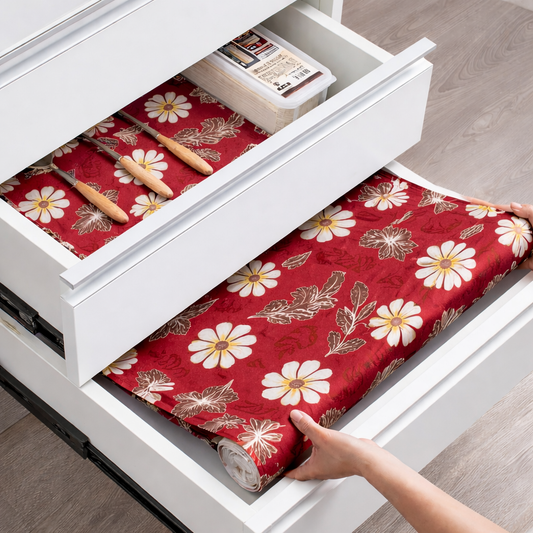 RYKA Shelf Mat | Red Printed Desk Mat | Placemat for Kitchen | PVC Non-Slip Drawer Sheets| Kitchen Cabinet Shelf Liner | 5 Meter (Red)