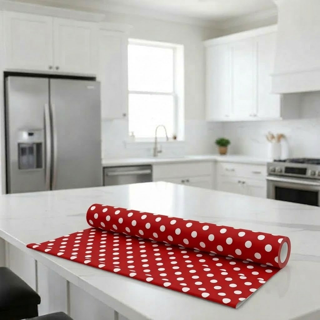 RYKA Shelf Mat | Polka Printed Desk Mat | Placemat for Kitchen | PVC Non-Slip Drawer Sheets| Kitchen Cabinet Shelf Liner | 5 Meter (Red)