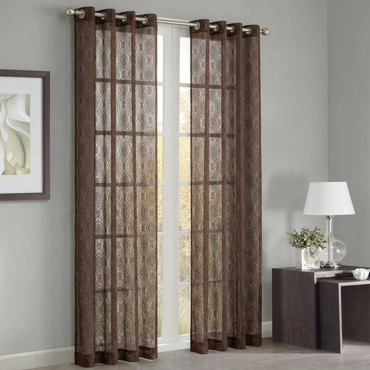 RYKA Cotton Net Sheer Door Curtain | Damsak Patten Printed | Sunlight Filtering Linen Texture | Eyelet Hanging (7FT) | Damsak Brown (Pack of 1)
