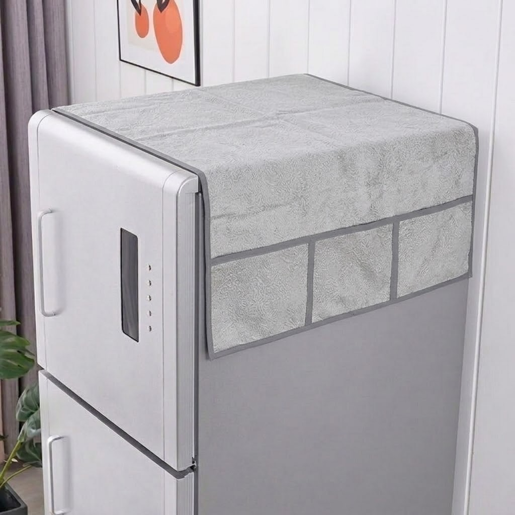 RYKA Refrigerator Top Cover with Side Pockets | Printed Top Cover | Dustproof & Waterproof Fridge Cover | Cloth Fabric | Easy Wash | Silver (Pack of 1)