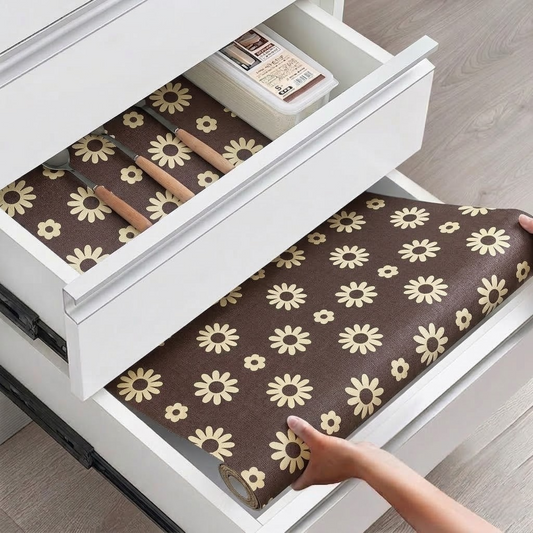 RYKA Shelf Mat | Floral Printed Desk Mat | Placemat for Kitchen | PVC Non-Slip Drawer Sheets| Kitchen Cabinet Shelf Liner | 5 Meter (Brown)
