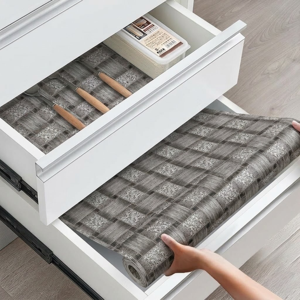 RYKA Shelf Mat | Brick Printed Desk Mat | Placemat for Kitchen | PVC Non-Slip Drawer Sheets| Kitchen Cabinet Shelf Liner | 5 Meter (Grey)