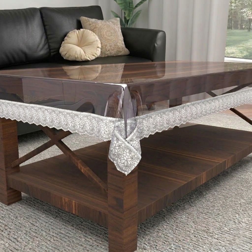 RYKA PVC Transparent Table Cover 4 Seater | Table Protector Sheet | Waterproof and Dustproof | Silver Lace Transparent Table Cloth | Rectangular Center Table Cover | 40X60 Inch (Pack Of 1)