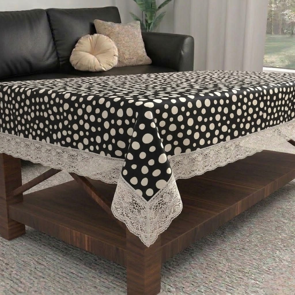 RYKA PVC Printed Table Cover 4 Seater | Table Protector Sheet | Waterproof and Dustproof | Black Polka Printed Table Cover | Rectangular Center Table Cover | 40X60 Inch (Pack Of 1)