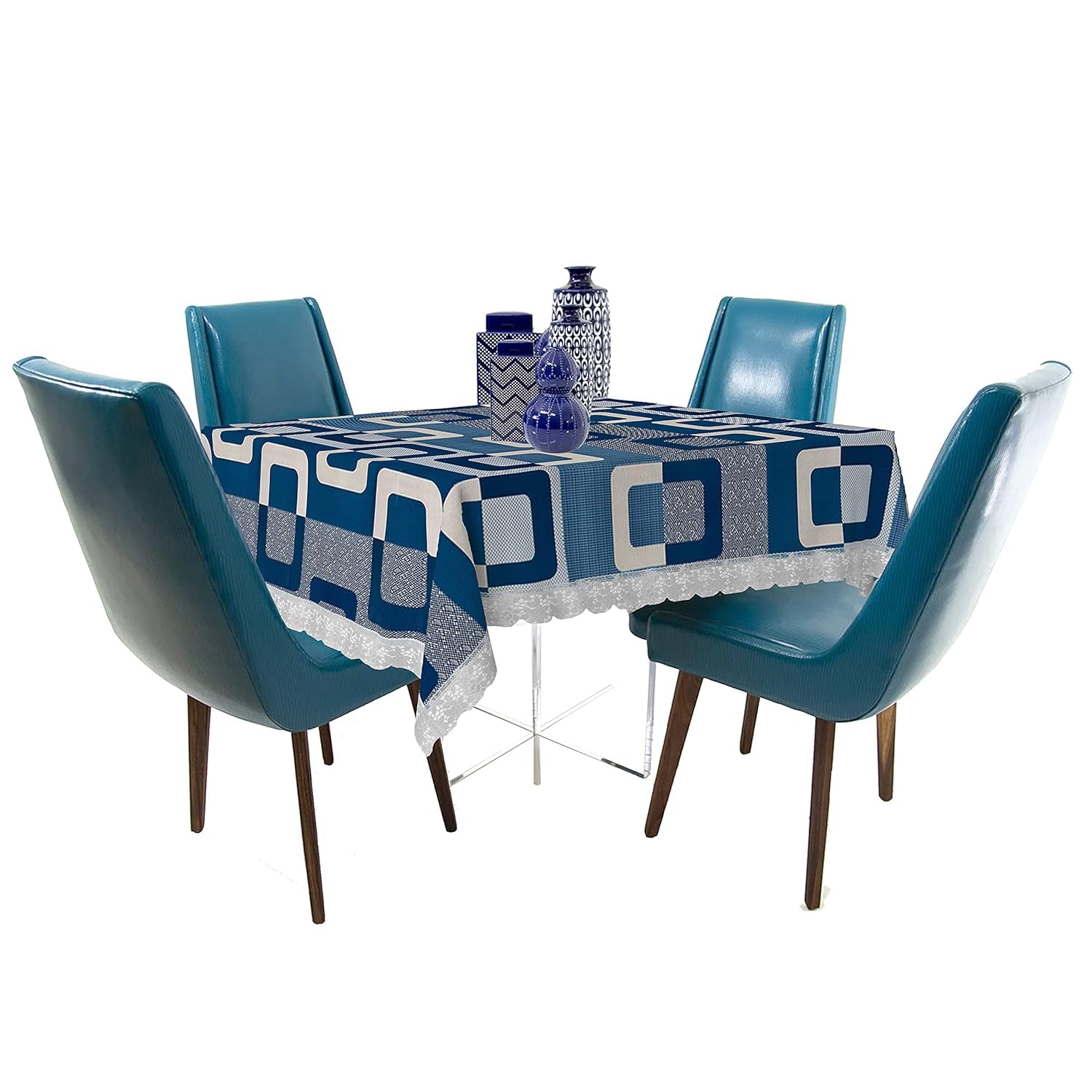 Ryka Blue Check 4 Seater PVC Table Cover | Dining Table Cover | Waterproof, Durable & Easy Clean,Pvc dining table cover with white lace