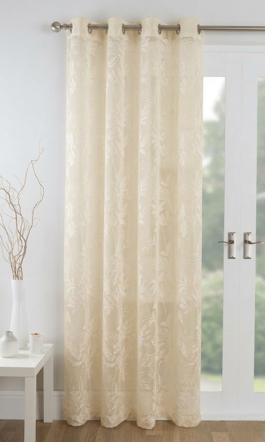 RYKA Cotton Net Sheer Door Curtain | Lilly Patten Printed | Sunlight Filtering Linen Texture | Eyelet Hanging (7FT) | Lilly Cream (Pack of 1)