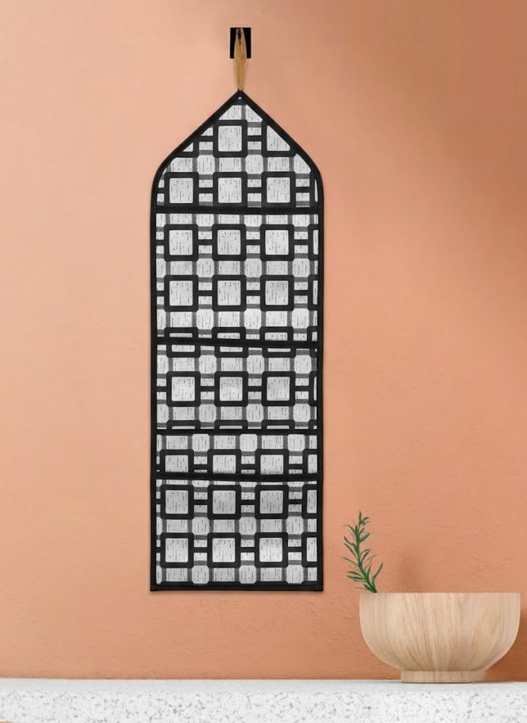 Wall Hanging Storage Organizer with 3 Pockets | Multipurpose Wall Hanging for Storage | PVC Wall Storage Bag for Bedroom, Bathroom, Kitchen & Kids Room | Grey Biscuit Printed (Pack of 1)