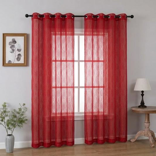 RYKA Cotton Net Sheer Door Curtain | Damsak Patten Printed | Sunlight Filtering Linen Texture | Eyelet Hanging (7FT) | Damsak Maroon (Pack of 1)