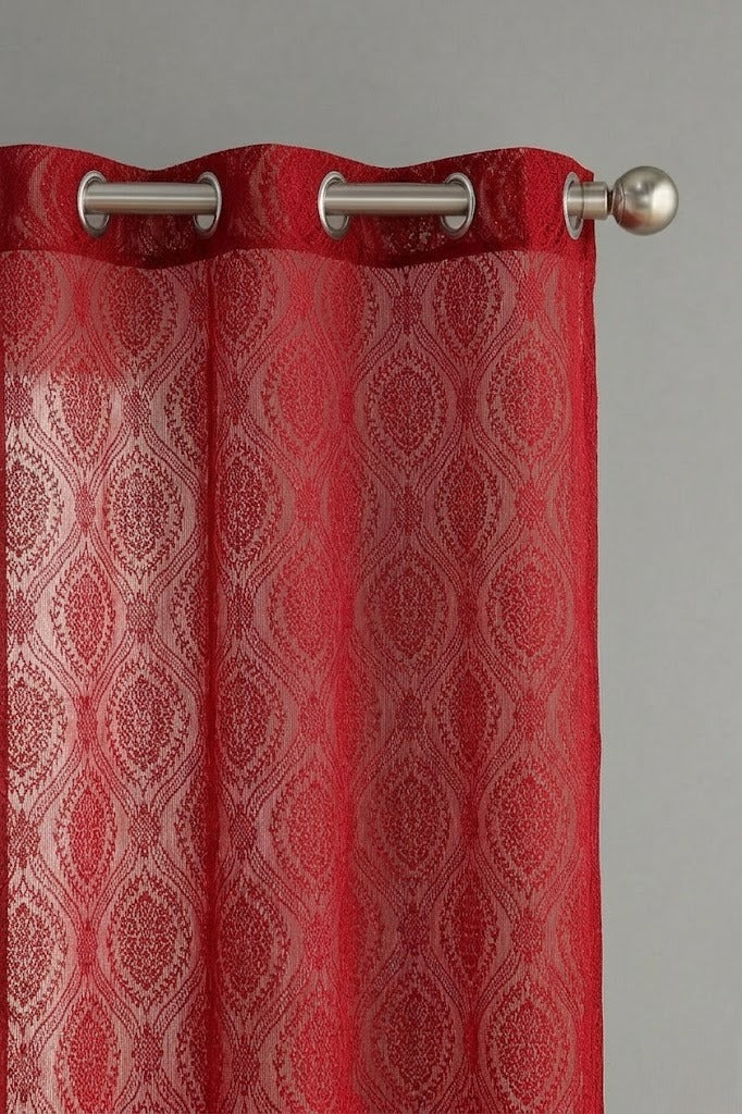 RYKA Cotton Net Sheer Door Curtain | Damsak Patten Printed | Sunlight Filtering Linen Texture | Eyelet Hanging (7FT) | Damsak Maroon (Pack of 1)