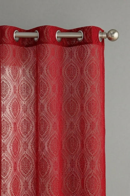 RYKA Cotton Net Sheer Door Curtain | Damsak Patten Printed | Sunlight Filtering Linen Texture | Eyelet Hanging (7FT) | Damsak Maroon (Pack of 1)