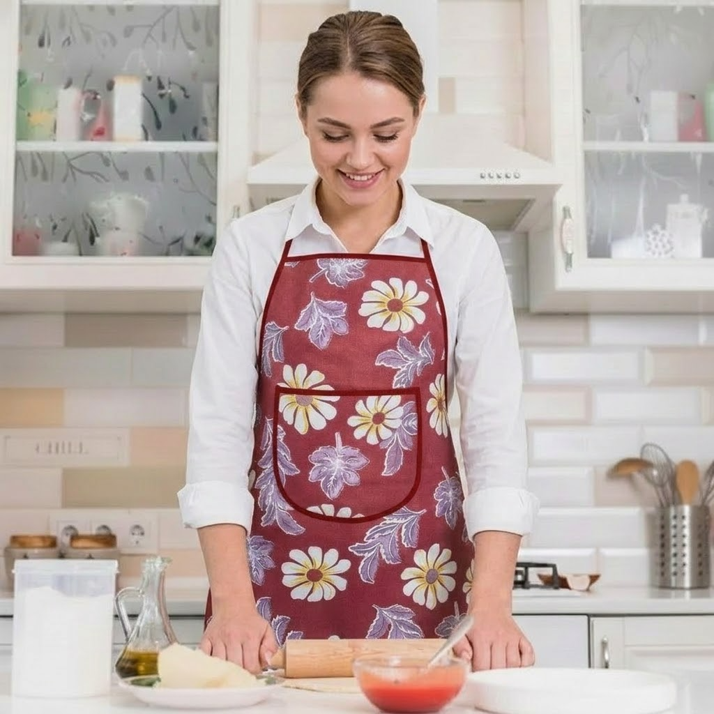 RYKA Apron | PVC Cooking Kitchen Apron | Center Pocket Apron for Restaurent | Floral Printed Apron for Kitchen | Chef Apron with Ties | Red (Pack of 1)