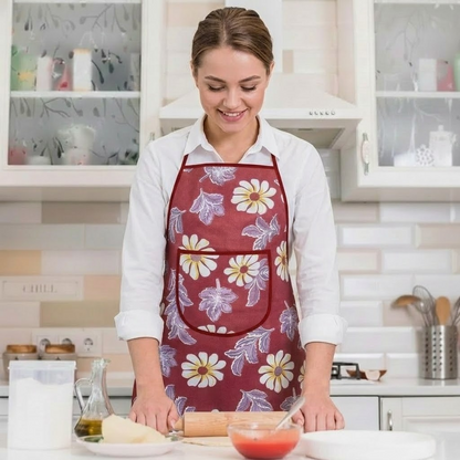 RYKA Apron | PVC Cooking Kitchen Apron | Center Pocket Apron for Restaurent | Floral Printed Apron for Kitchen | Chef Apron with Ties | Red (Pack of 1)