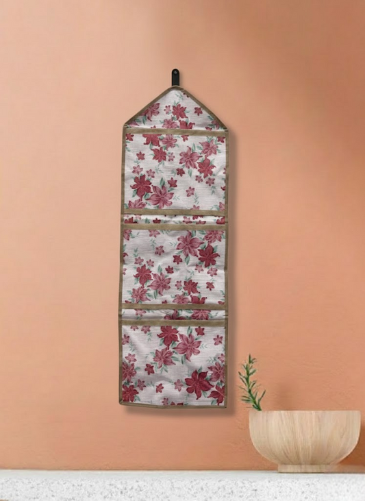 Wall Hanging Storage Organizer with 3 Pockets | Multipurpose Wall Hanging for Storage | PVC Wall Storage Bag for Bedroom, Bathroom, Kitchen & Kids Room | Floral Printed (Pack of 1)