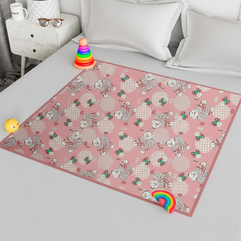 RYKA Printed Waterproof Baby Crib Bedsheet  | PVC Urine Proof Mattress Protector | Plastic Sheet for Newborn & Toddler | Pink Bear (Pack of 1)