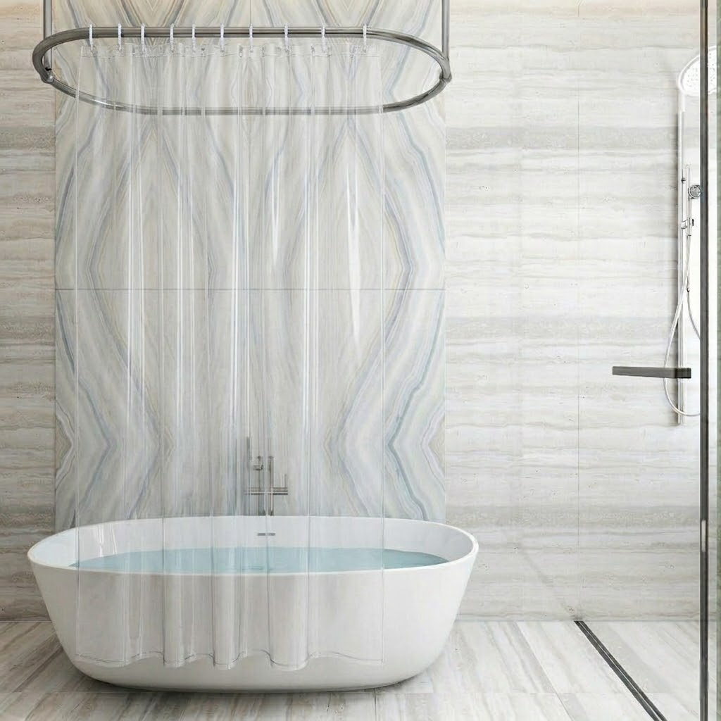 RYKA PVC Plain Clear Shower Curtain | Waterproof Fabric Bathroom Curtain with 8 Hooks | Modern Plain Clear Design | Transprent (Pack of 1)