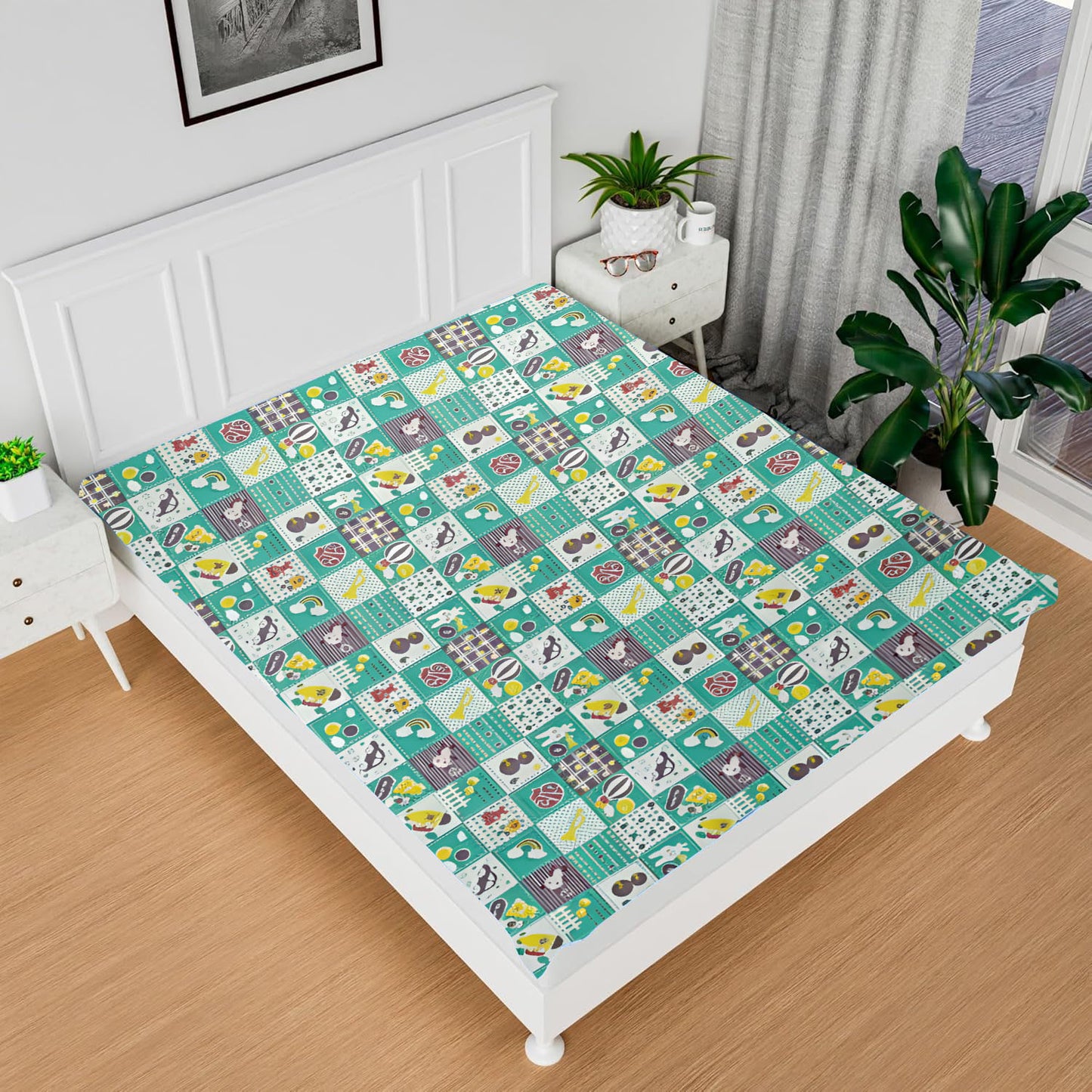 RYKA Printed Waterproof Baby Crib Bedsheet  | PVC Urine Proof Mattress Protector | Plastic Sheet for Newborn & Toddler | Green Circus (Pack of 1)
