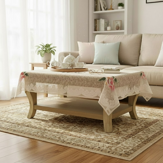 RYKA Cotton Net Table Cover 40x60 Inch 4 Seater | Embroidered Center & Dining Table Cloth (Pack Of 1)