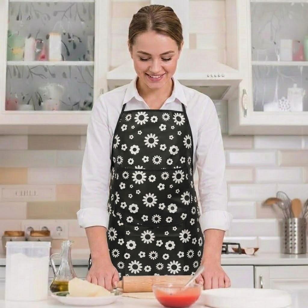 RYKA Apron | PVC Cooking Kitchen Apron | Center Pocket Apron for Restaurent | Floral Printed Apron for Kitchen | Chef Apron with Ties | Black (Pack of 1)
