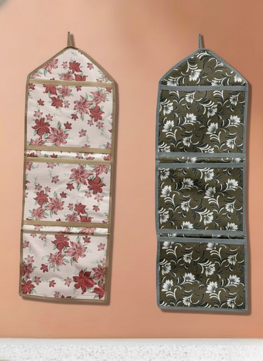 Wall Hanging Storage Organizer with 3 Pockets | Multipurpose Wall Hanging for Storage | PVC Wall Storage Bag for Bedroom, Bathroom, Kitchen & Kids Room | Combo Multi Printed (Pack of 2)