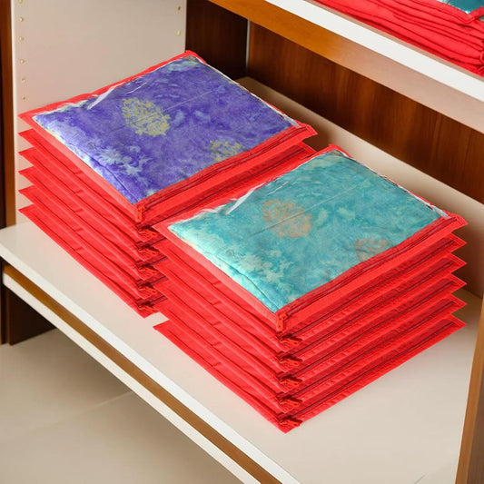 RYKA Non-Woven Single Saree Bags Golden Colour | Transparent Saree Covers With Zip | Saree Covers For Storage, Wardrobe Organiser | Size-36x42x2CM | Red (Pack of 12)