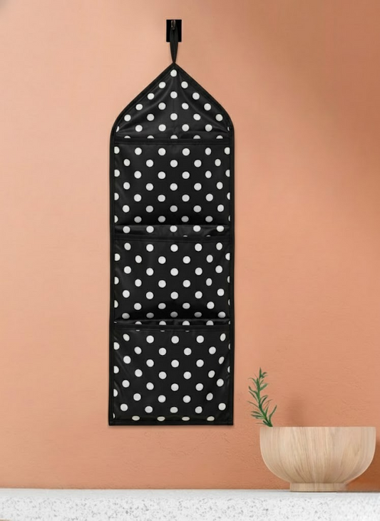 Wall Hanging Storage Organizer with 3 Pockets | Multipurpose Wall Hanging for Storage | PVC Wall Storage Bag for Bedroom, Bathroom, Kitchen & Kids Room | Polka Printed (Pack of 1)