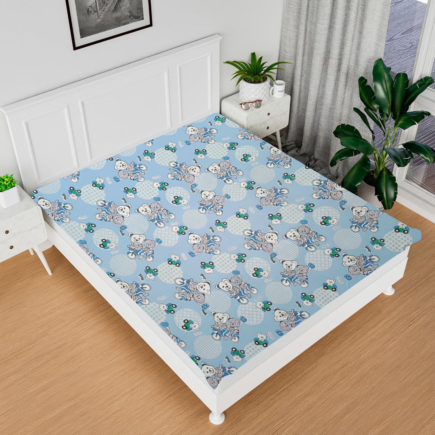 RYKA Printed Waterproof Baby Crib Bedsheet  | PVC Urine Proof Mattress Protector | Plastic Sheet for Newborn & Toddler | Blue Bear (Pack of 1)