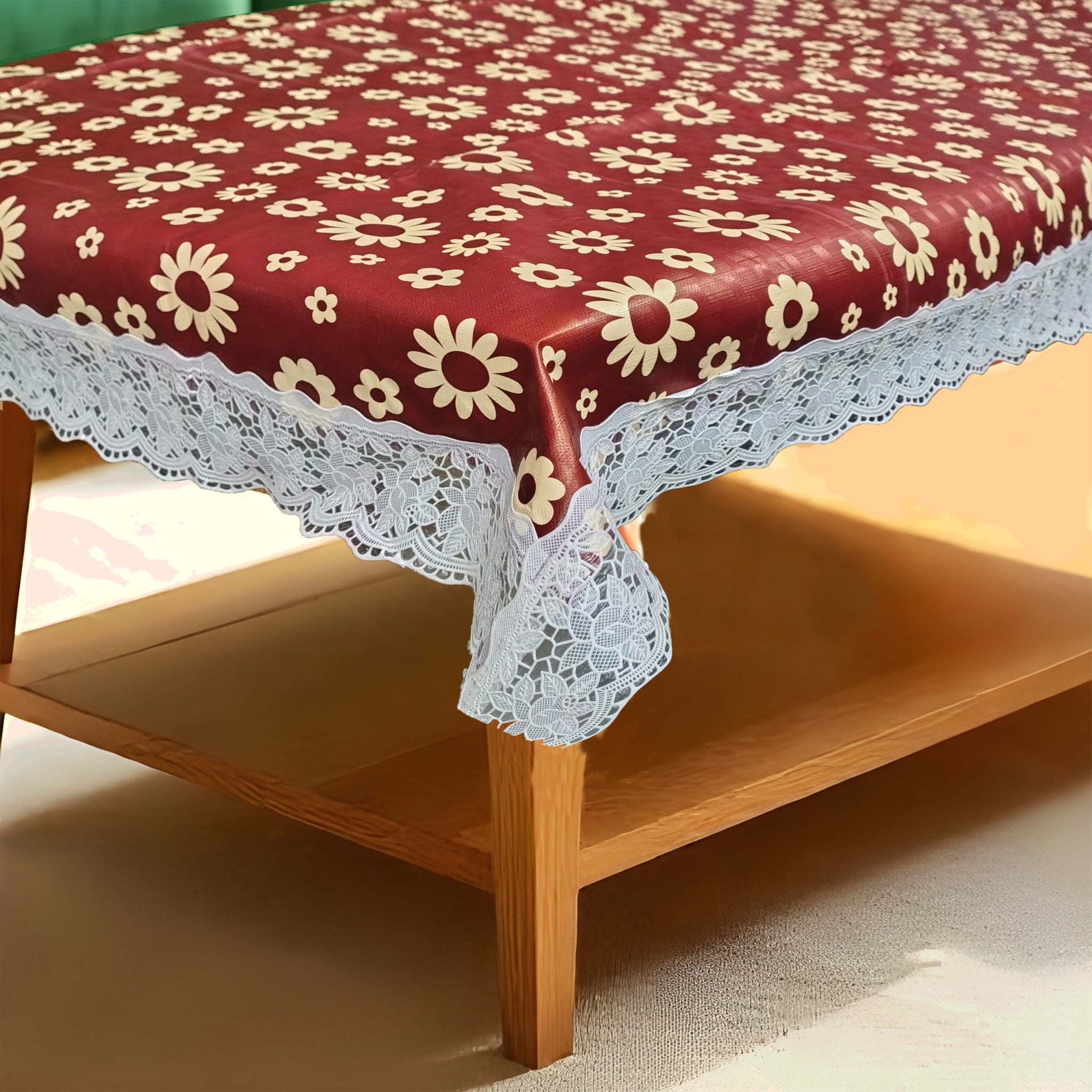 Brown Floral Print Center Table Cloth| Waterproof PVC 4 Seater Center Table Cover for Home Décor| High Thickness, Waterproof & Anti Slip Center Table Cover with White Lace (Size 40x60, Rectangular, Pack of 1)
