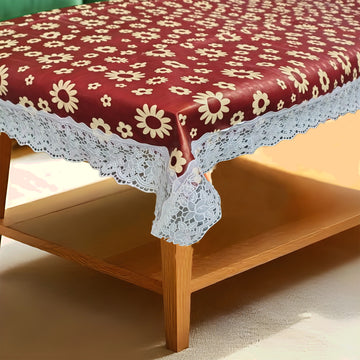Brown Floral Print Center Table Cloth| Waterproof PVC 4 Seater Center Table Cover for Home Décor| High Thickness, Waterproof & Anti Slip Center Table Cover with White Lace (Size 40x60, Rectangular, Pack of 1)