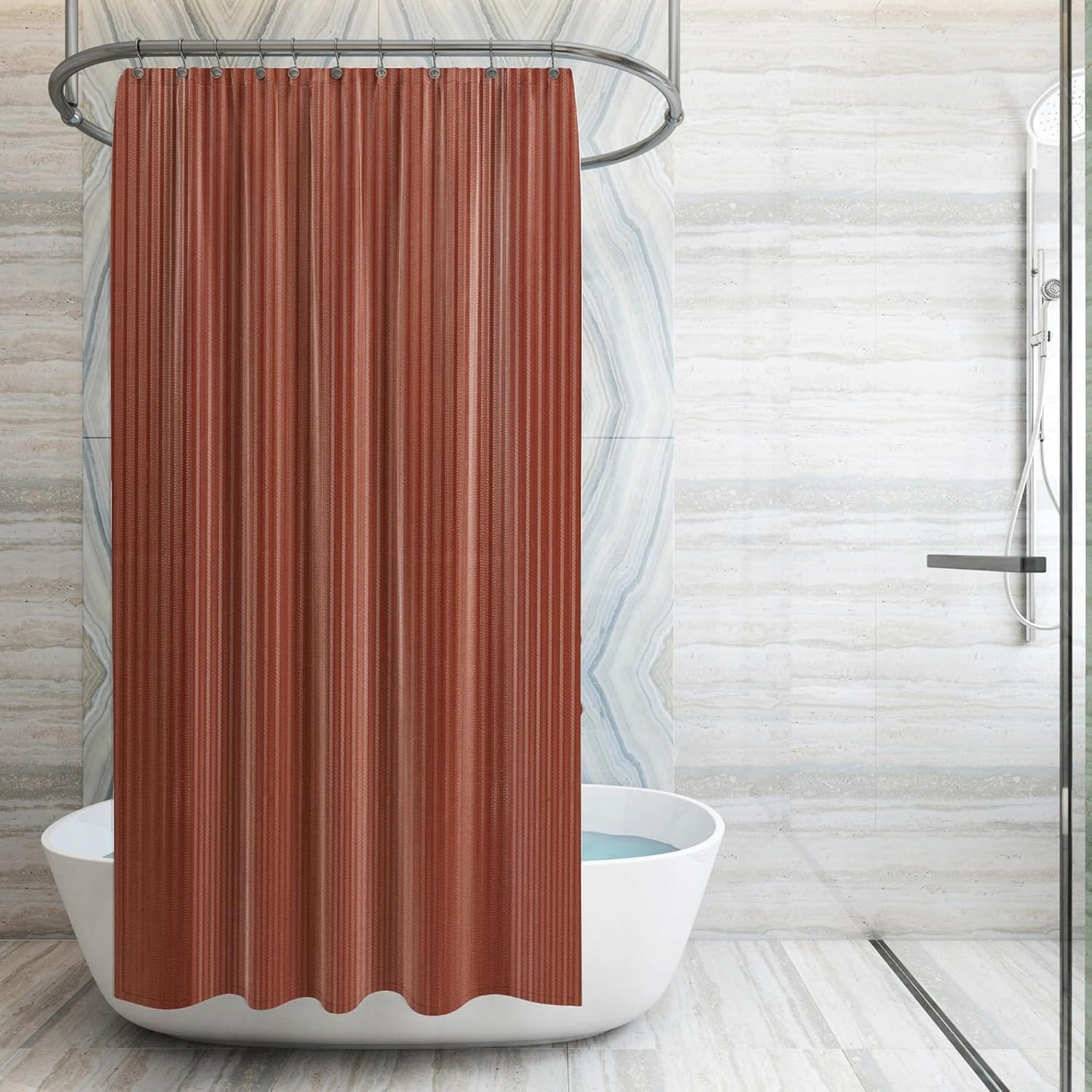 RYKA PVC Plain Striped Shower Curtain | Waterproof Fabric Bathroom Curtain with 8 Hooks | Modern Plain Stripe Design | Brown (Pack of 1)
