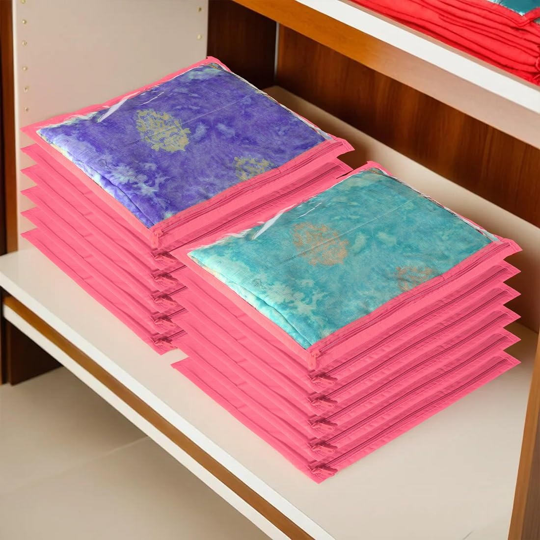 RYKA Non-Woven Single Saree Bags Golden Colour | Transparent Saree Covers With Zip | Saree Covers For Storage, Wardrobe Organiser | Size-36x42x2CM | Pink (Pack of 12)