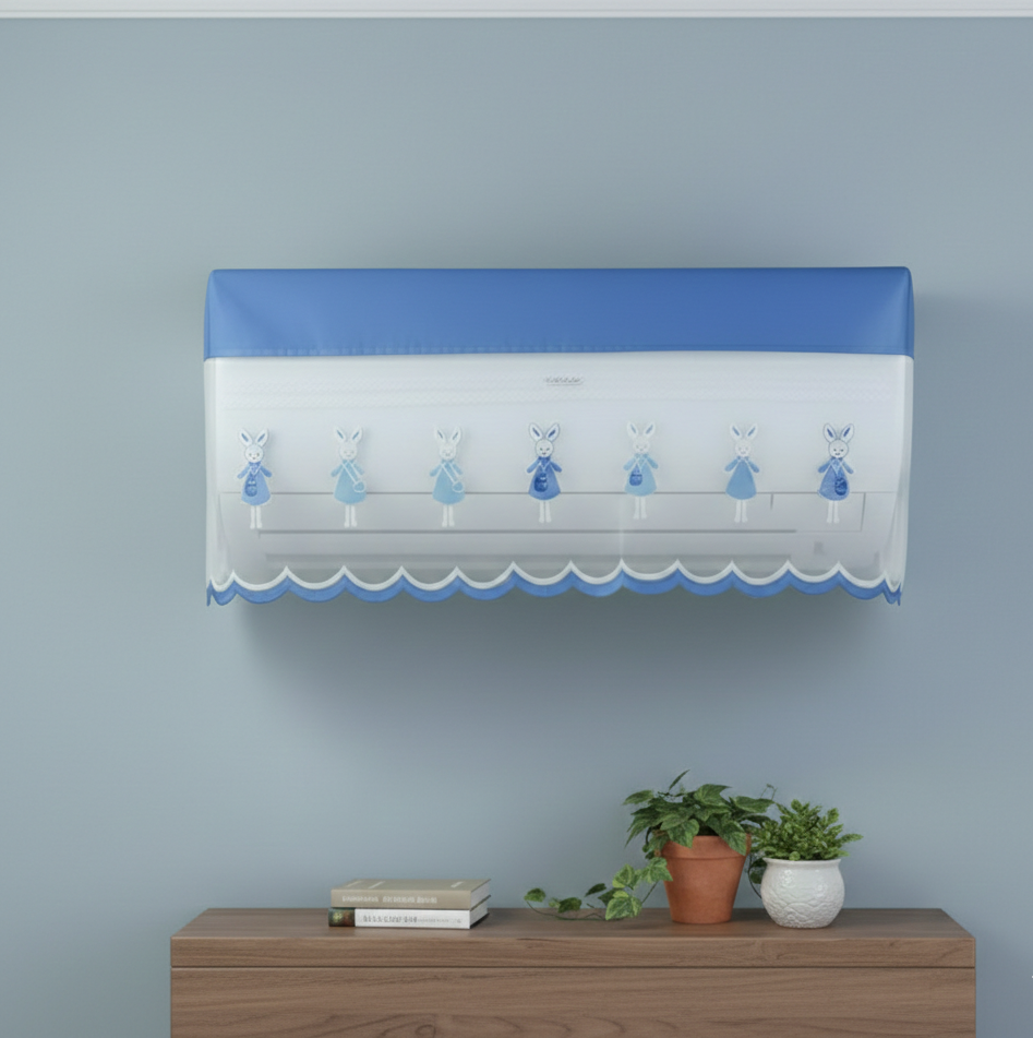 RYKA Premium Work Indoor AC Dust Protection Cover | Designer Summer Ac Cover | 1.5 Ton Blue Bunny (29 x 15.5 x 7.5 inches )