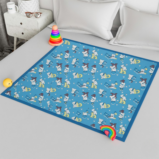 RYKA Printed Waterproof Baby Crib Bedsheet  | PVC Urine Proof Mattress Protector | Plastic Sheet for Newborn & Toddler | Blue Alphabet (Pack of 1)