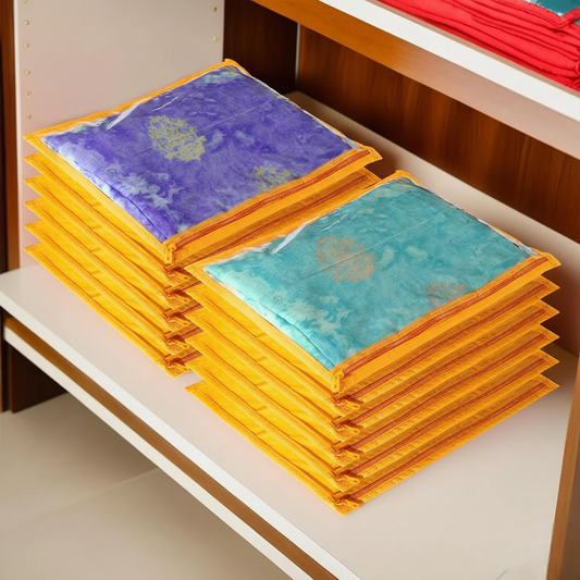 RYKA Non-Woven Single Saree Bags Golden Colour | Transparent Saree Covers With Zip | Saree Covers For Storage, Wardrobe Organiser | Size-36x42x2CM | Yellow (Pack of 12)
