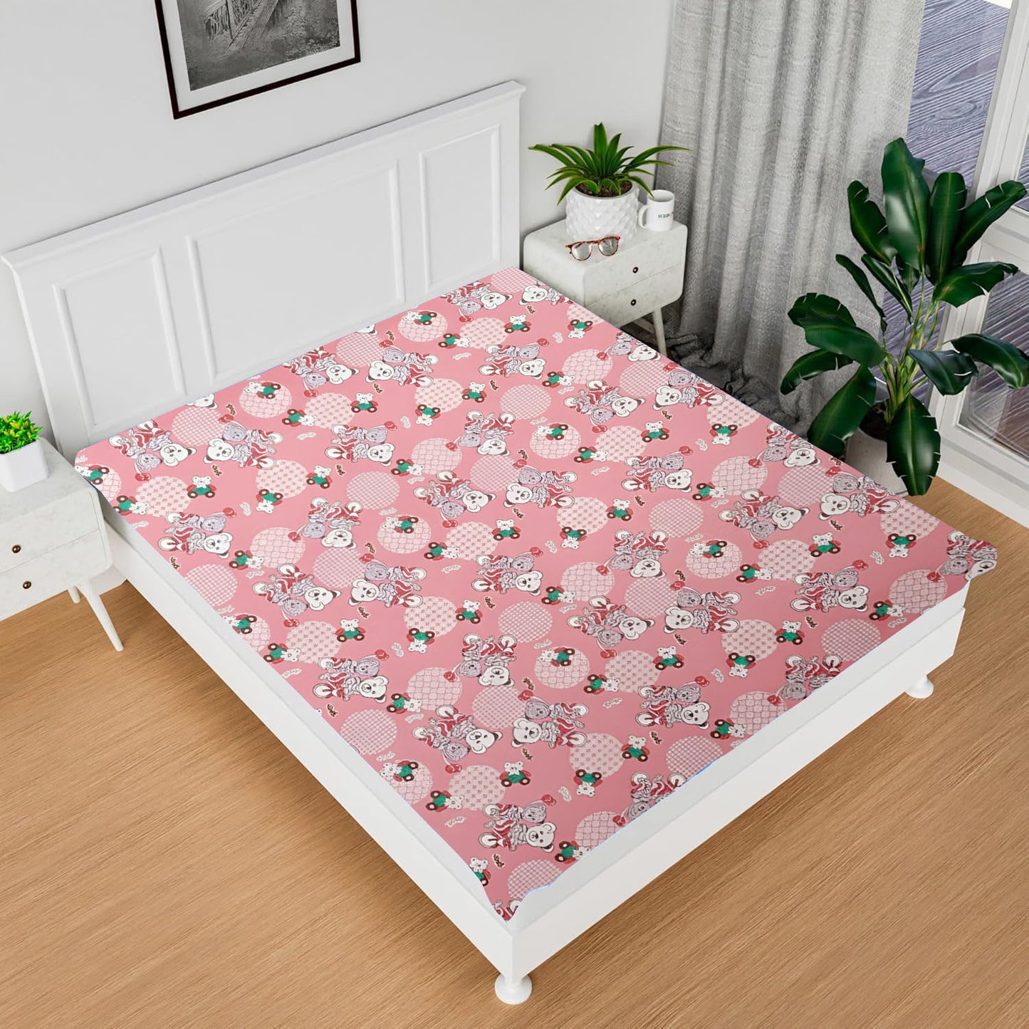 RYKA Printed Waterproof Baby Crib Bedsheet  | PVC Urine Proof Mattress Protector | Plastic Sheet for Newborn & Toddler | Pink Bear (Pack of 1)