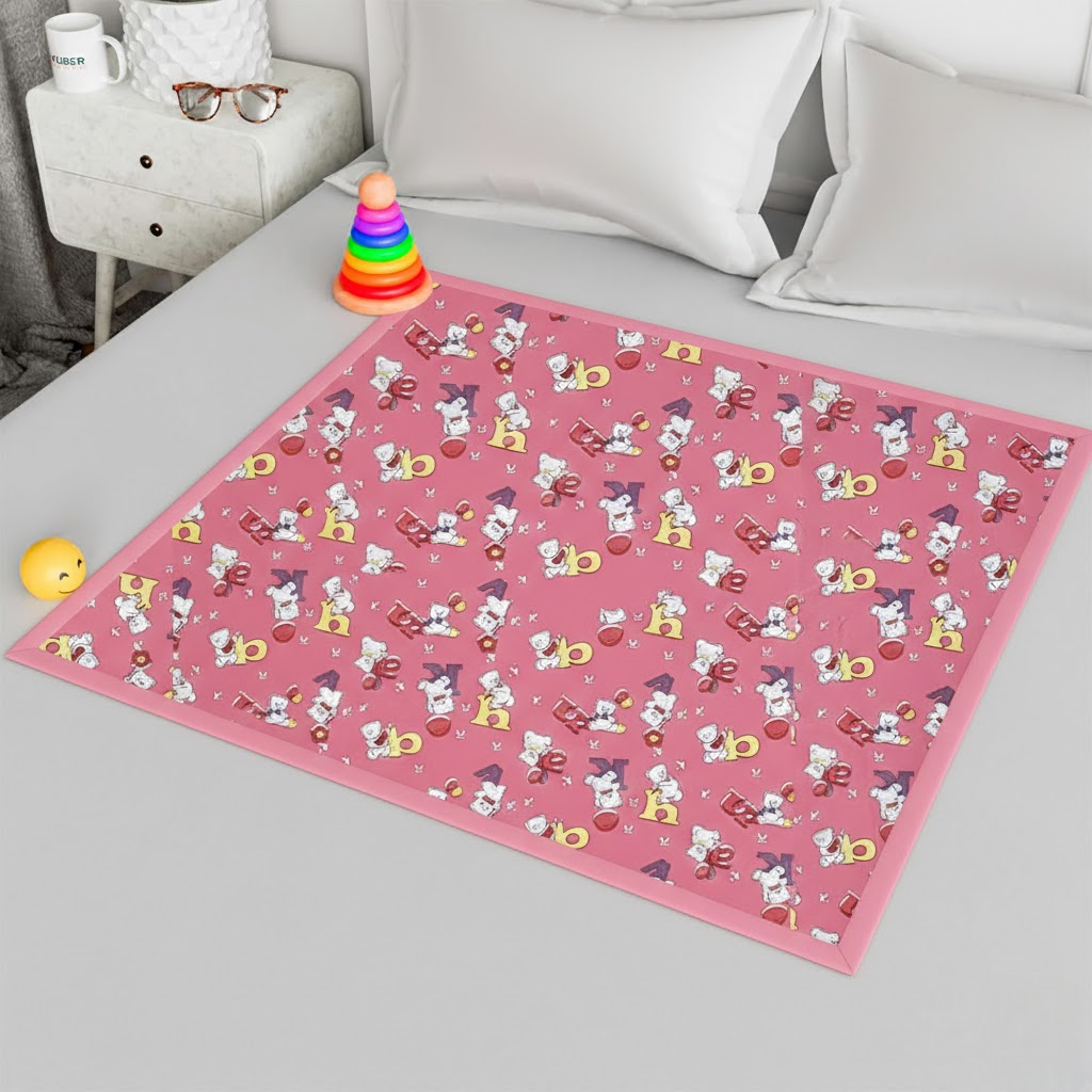 RYKA Printed Waterproof Baby Crib Bedsheet  | PVC Urine Proof Mattress Protector | Plastic Sheet for Newborn & Toddler | Pink Alphabet (Pack of 1)