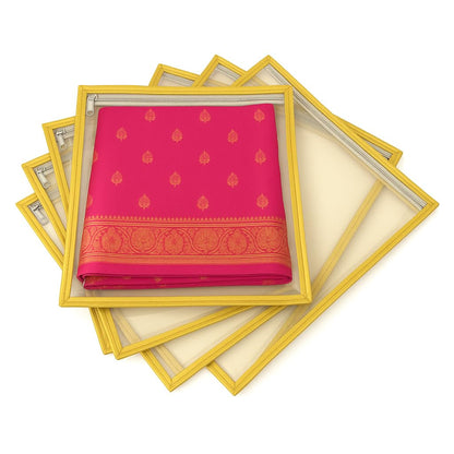 RYKA Non-Woven Single Saree Bags Golden Colour | Transparent Saree Covers With Zip | Saree Covers For Storage, Wardrobe Organiser | Size-36x42x2CM | Yellow (Pack of 6)