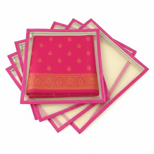 RYKA Non-Woven Single Saree Bags Golden Colour | Transparent Saree Covers With Zip | Saree Covers For Storage, Wardrobe Organiser | Size-36x42x2CM | Pink (Pack of 6)