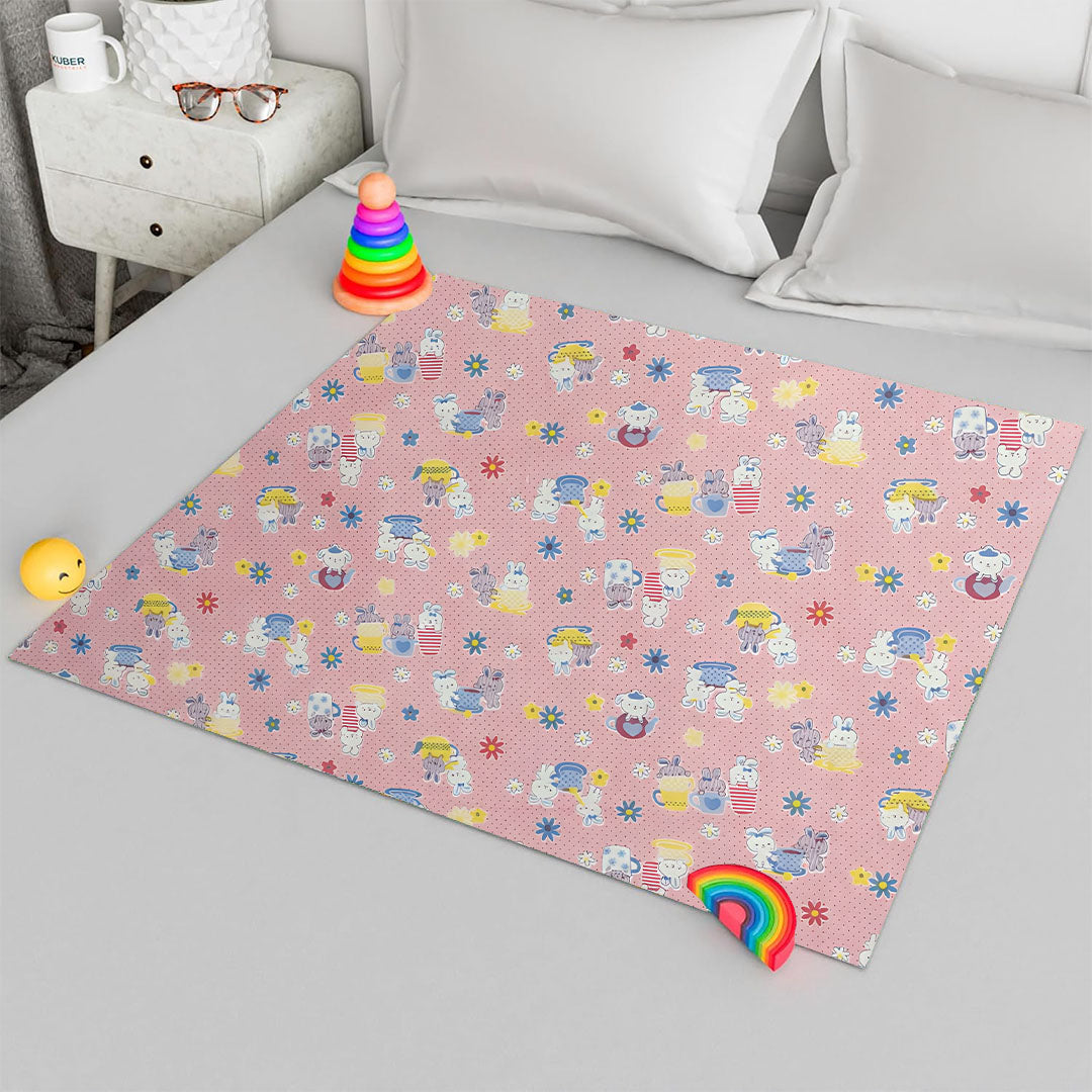 RYKA Printed Waterproof Baby Crib Bedsheet  | PVC Urine Proof Mattress Protector | Plastic Sheet for Newborn & Toddler | Pink Teddy (Pack of 1)