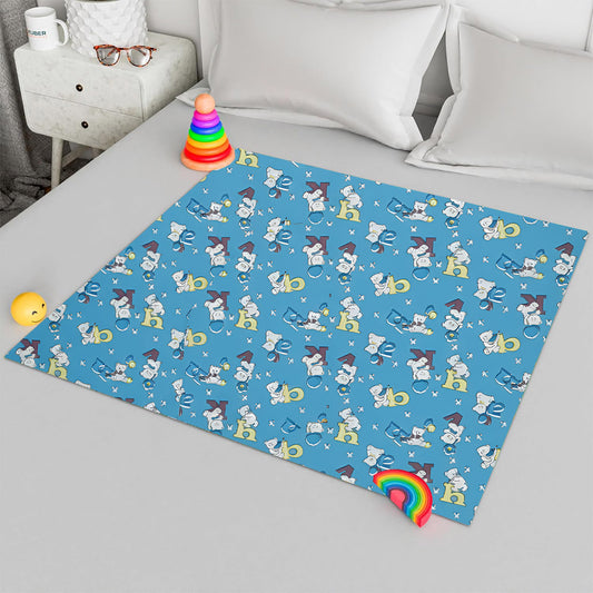 RYKA Printed Waterproof Baby Crib Bedsheet  | PVC Urine Proof Mattress Protector | Plastic Sheet for Newborn & Toddler | Blue Alphabet (Pack of 1)