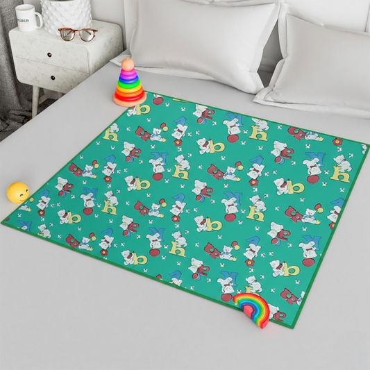 RYKA Printed Waterproof Baby Crib Bedsheet  | PVC Urine Proof Mattress Protector | Plastic Sheet for Newborn & Toddler | Green Alphabet (Pack of 1)