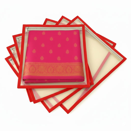 RYKA Non-Woven Single Saree Bags Golden Colour | Transparent Saree Covers With Zip | Saree Covers For Storage, Wardrobe Organiser | Size-36x42x2CM | Red (Pack of 6)